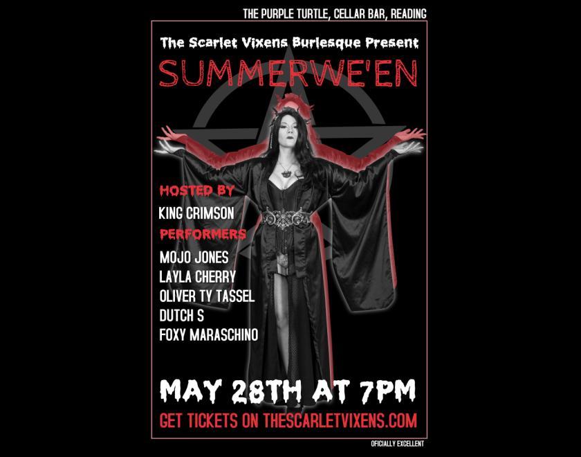 Event poster for burlesque show - Layla Cherry, a burlesque performer, stands with her arms outstretched either side of her wearing a black kimono