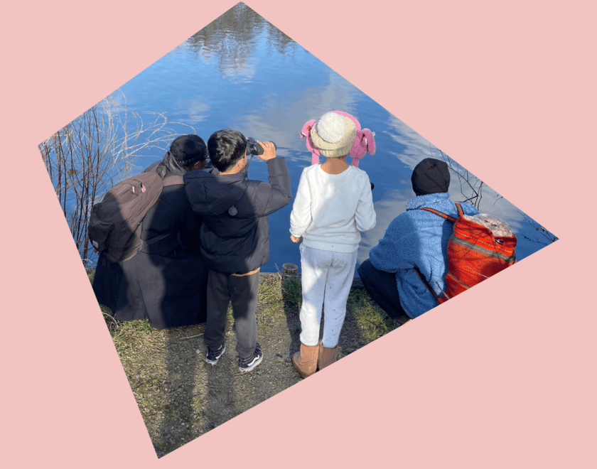 children looking over a pond