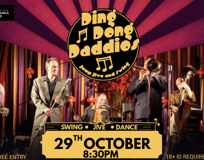 five-piece swing band holding their instruments