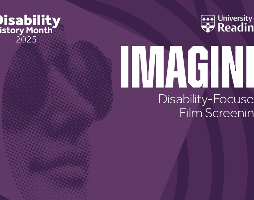 Poster for Disability-Focused Film Screening of Imagine, with an image of a person's face wearing dark glasses