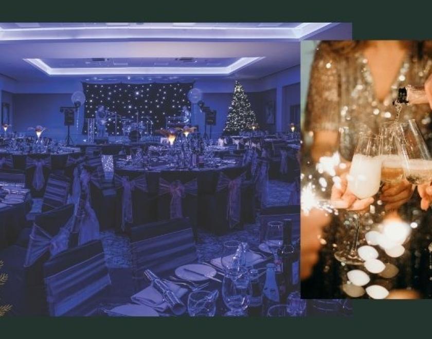 The photo shows two images. The main image shows a room set up for a Christmas party. The second image shows a group of people clinking their champagne glasses.