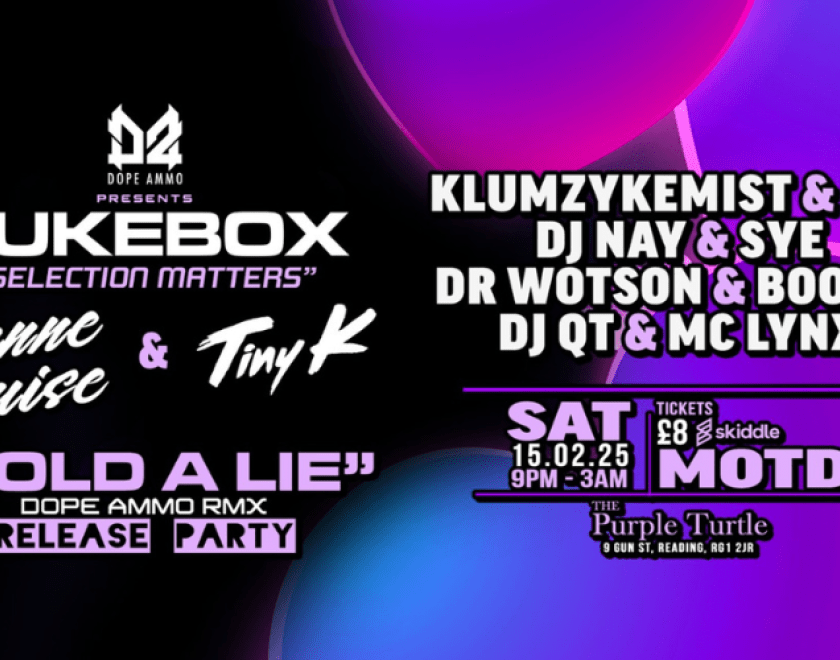 Dope Ammo Records Presents:  Jukebox "Selection Matters" at The Purple Turtle  An Unmissable Night of Drum & Bass and Garage – Sat 15th February.  Reading’s favorite venue, The Purple Turtle, is set to host an electrifying night of heavyweight beats as Dope Ammo Records presents Jukebox "Selection Matters" on Saturday, 15th February.  The event celebrates the release of “Sold a Lie”, a stunning collaboration between rising star Leanne Louise and Tiny K, celebrating the highly anticipated Dope Ammo Remix. He