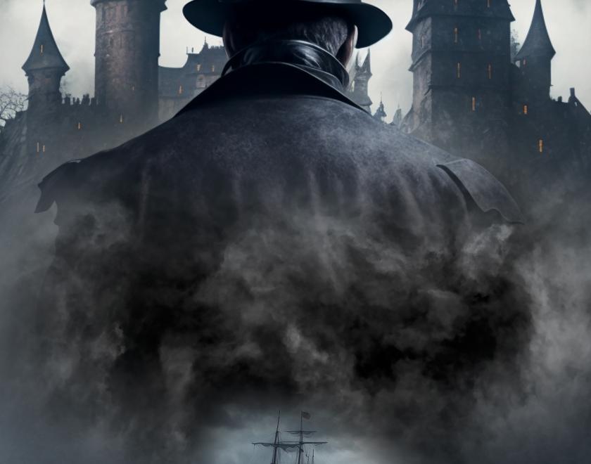 A dark, atmospheric image showing a mysterious figure in a black top hat standing before a gothic castle perched on a rocky coastline. Storm clouds gather overhead as mist swirls around the figure, revealing a ship battling rough seas below, evoking the sinister world of Dracula.