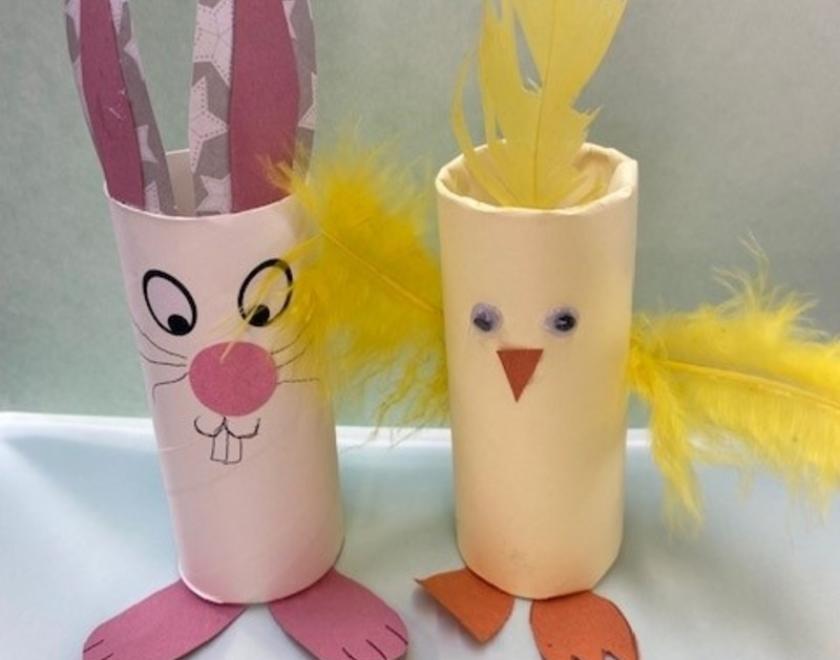 rabbit and chick models made with cardboard tubes