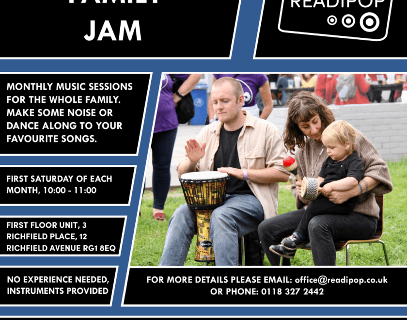 Image of a family playing drums together with information as seen below