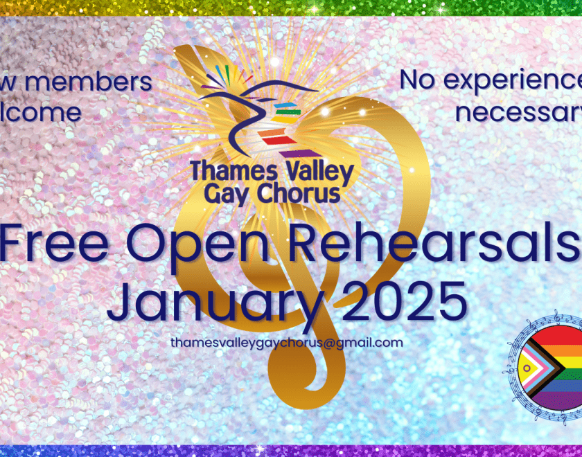 Free open rehearsals on a glitter background with the pride flag and TVGC logo