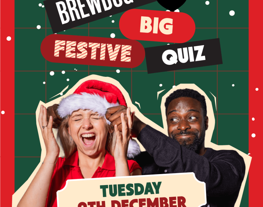 A person wearing a santa hat with a second person joking around. Text advertising the event.