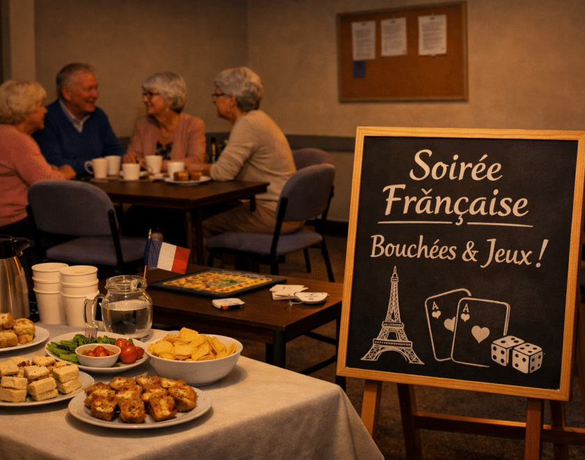 AI artwork of a group of people sitting in a restaurant. A chalkboard reads "Soiree Francaise!"