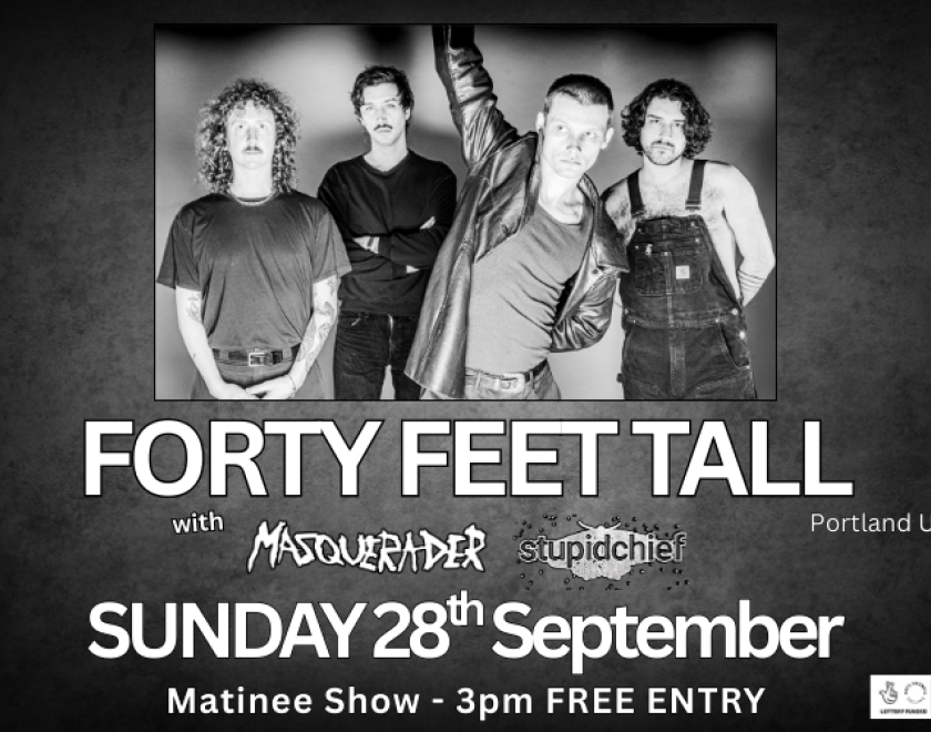 @fortyfeettall (Portland USA)  with @i.am.masquerader and @stupidchief  "crafting politically-charged post-punk which envelops the listener in a shroud of pummeling grooves"  "their live sound is even more raw, vigorous, visceral & engaging, with a stage presence that is impressively trashy in the best possible way"  FREE ENTRY / 18+  ‘Supported using public funding by the National Lottery through Arts Council England’