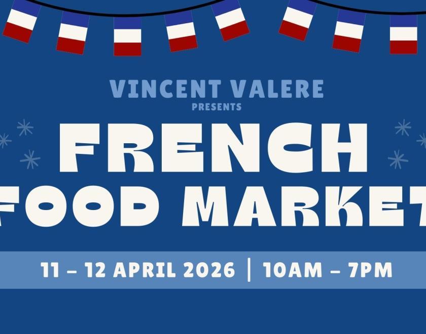 'French Food Market' poster with cartoon French flags and stalls
