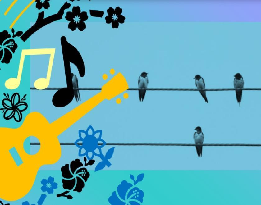 Image of birds perched on two wires. The images are black silhouettes agains a sky blue background. There are also images of a guitar, musical notes and flowers.