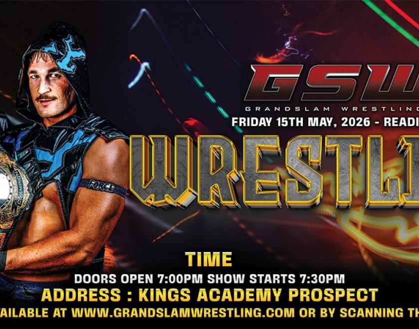 GrandSlam Wrestling poster with a photo of a male and female wrestler next to the GSW logo