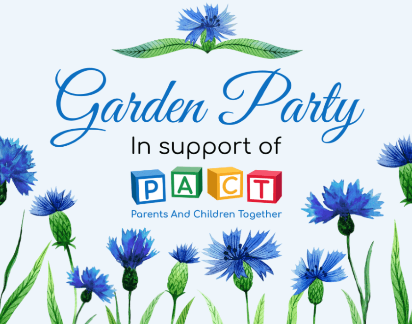 Blue cornflowers along the bottom edge of an image saying Garden Party and with PACTs logo