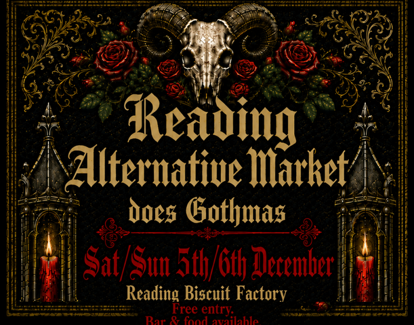 Poster featuring AI artwork of a ram skull and gothic cnadles