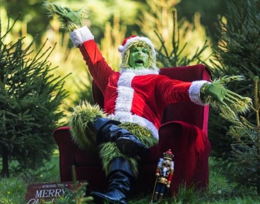 The image shows The Grumpy Green Villain sat among lots of Christmas trees on a chair with his arms outstretched.