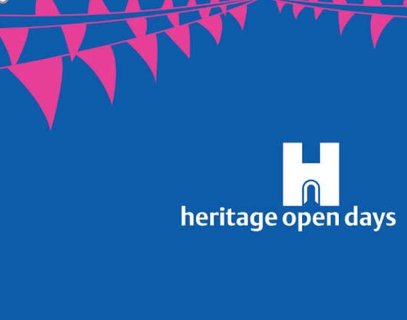 Heritage Open Days logo white on blue with pink bunting