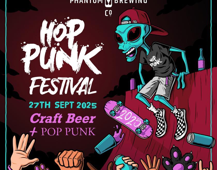 Hop Punk Festival poster with a cartoon image of a skaeboarding alien