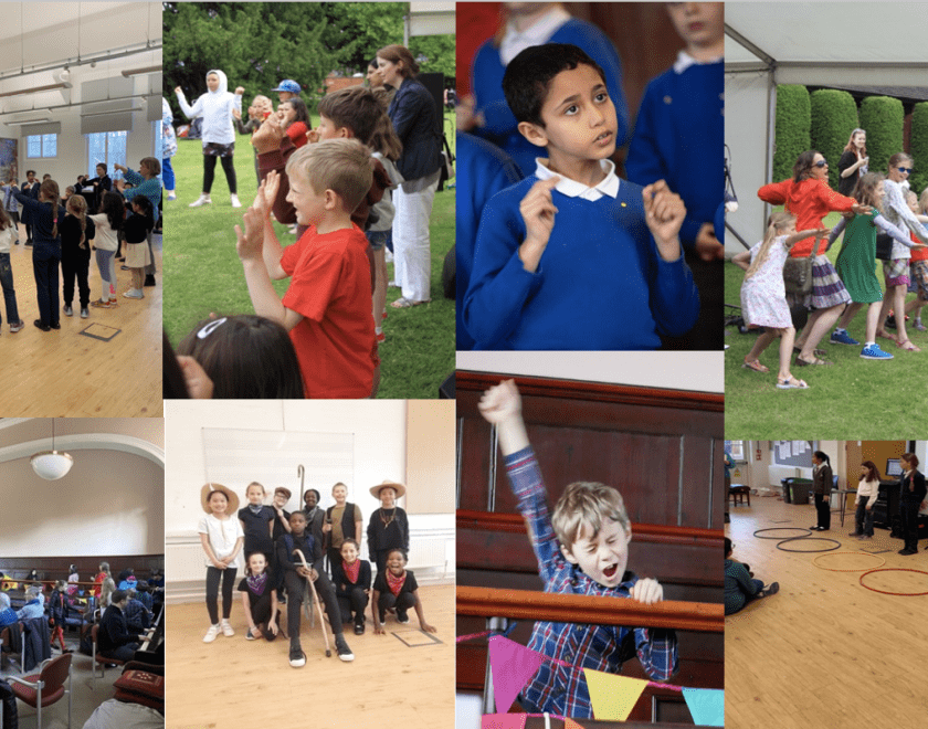 A collage of children singing, playing and having fun at Universal Voices
