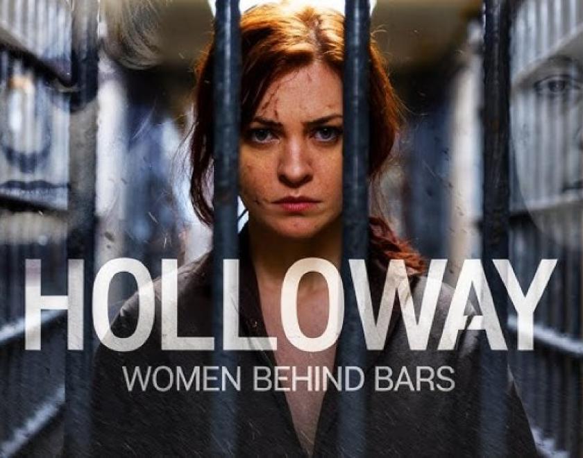 An image of a women behind bars and the word Holloway across the centre