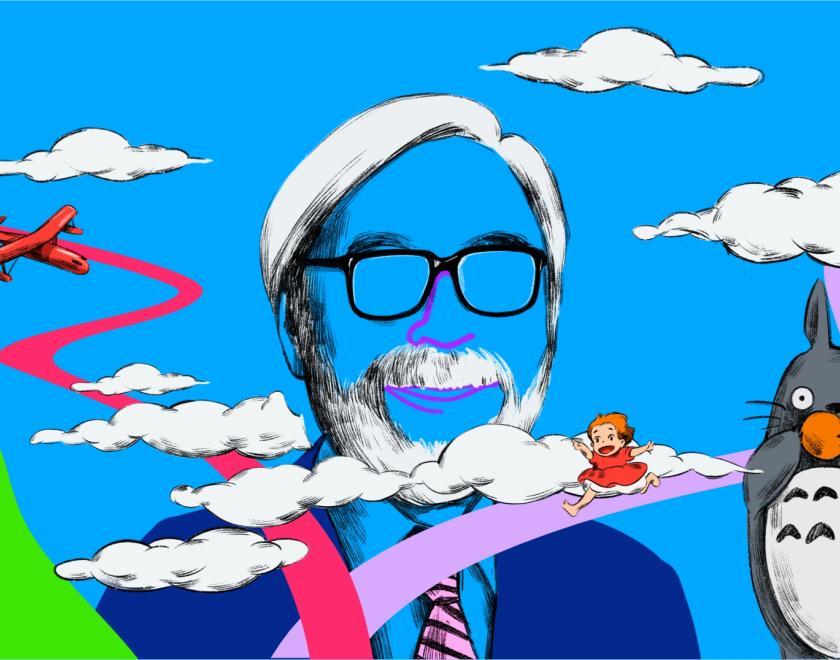 Artwork depicting a version of Hayao Miyazaki made out of clouds, surrounded by characters from his films