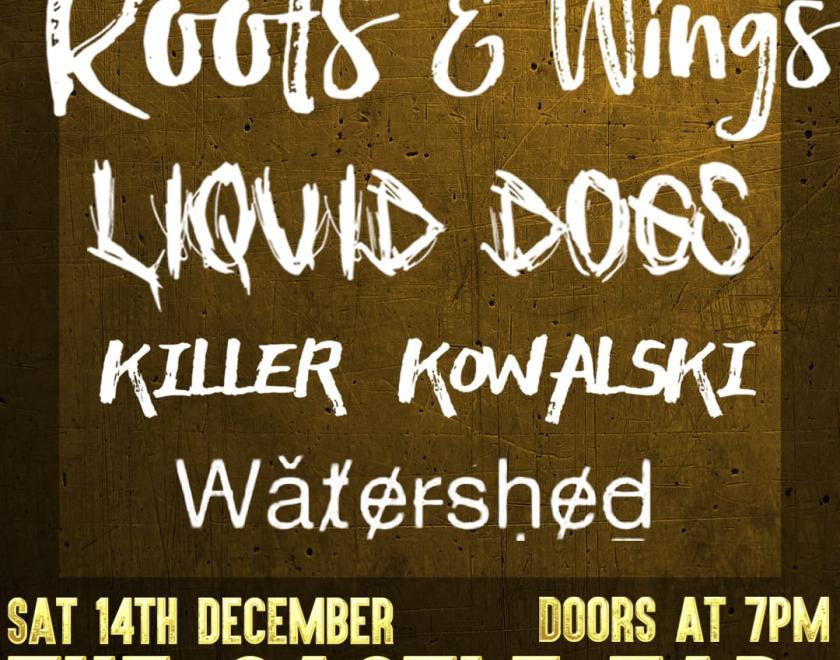 Poster with a brown background; Band names are in white in various fonts. Pub name and date in yellow at the bottom