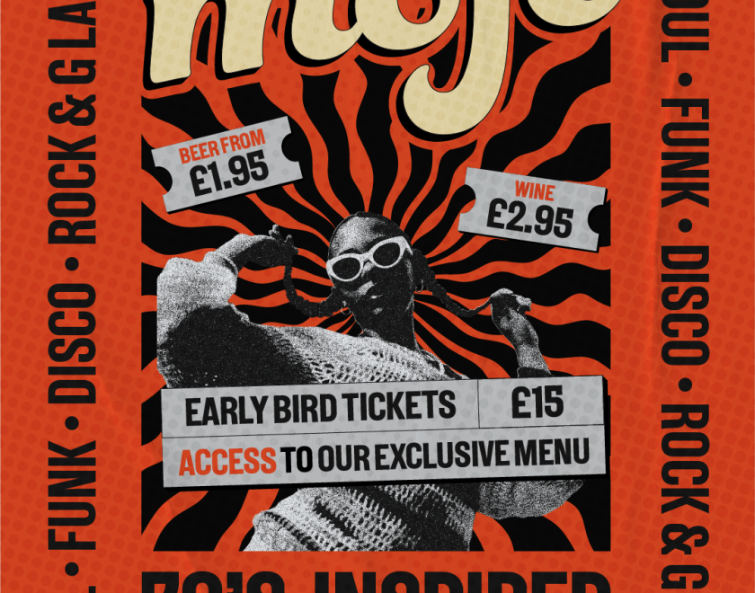 Poster in orange with a woman dancing and rays around her.