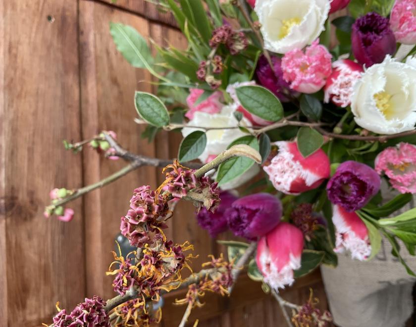 naturally styled bouquet of pink and white fringed tulips, pink and orange flowering witch hazel branches and vibrant green foliage against brown wooden door