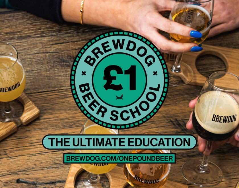 Tasting glasses with beer in them in wooden beer flight paddles. £1 Beer school logo and link to website.