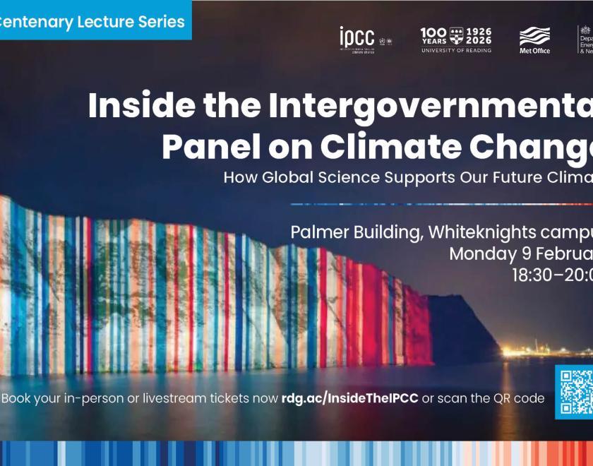 Poster featuring the Reading climate stripes being projected on a cliff-face