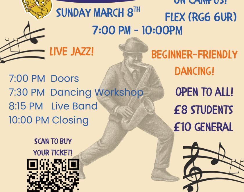 Event poster with an image of a saxaphone player and various logos