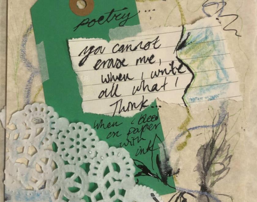 Collage of coloured paper and writing in the style of James Joyce