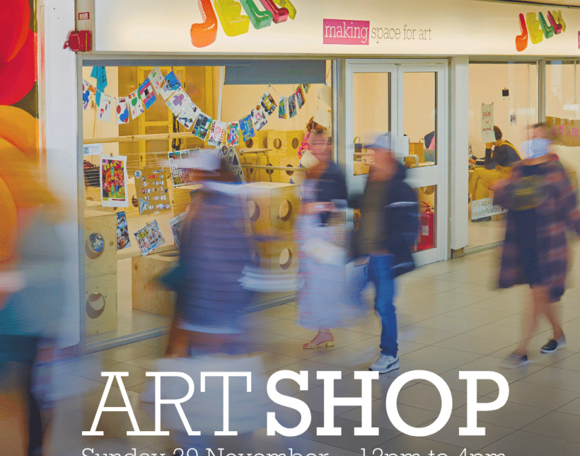 Jelly shop front with blurred images of people walking past