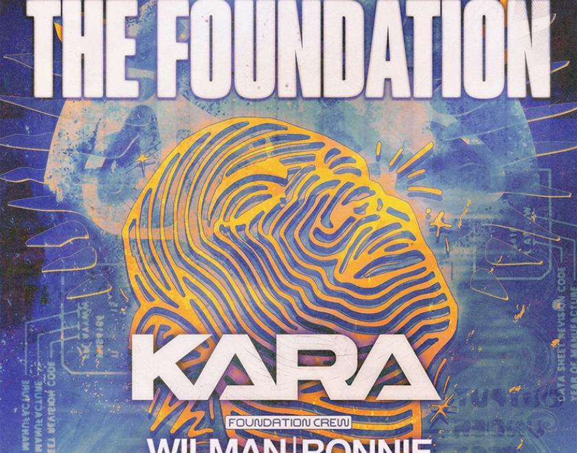 Poster with a wireframe image of a person's head against a grid-like background