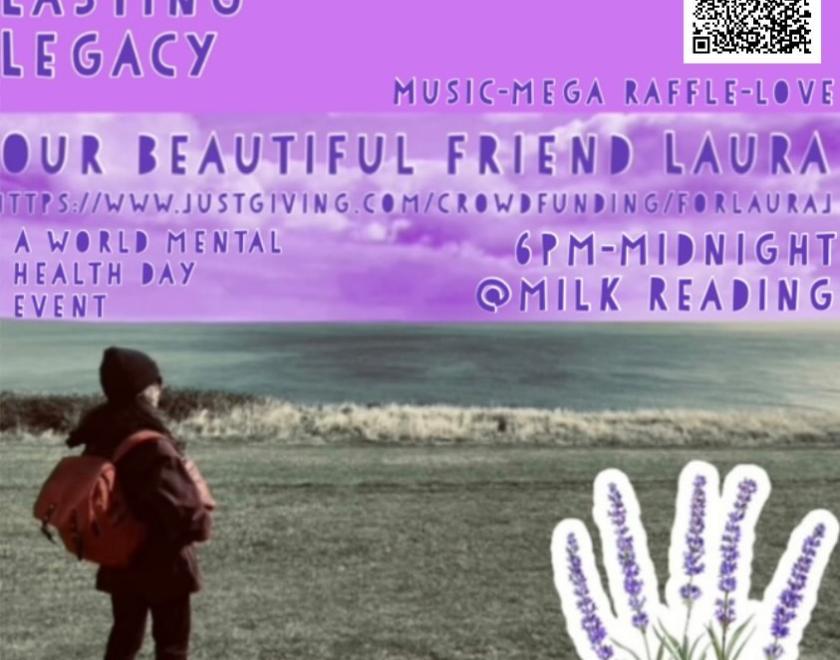 purple background World mental health day poster. Thurs 10th Oct at Milk Reading. Free entry, 6pm - 12.  DJs, charity raffel and more