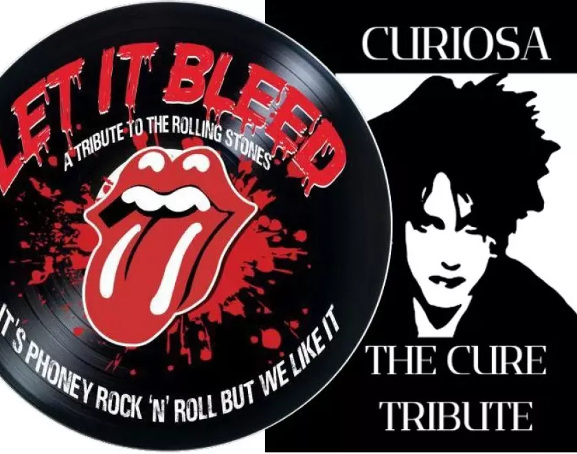 Logos for tribute bands Let it Bleed and Curiosa