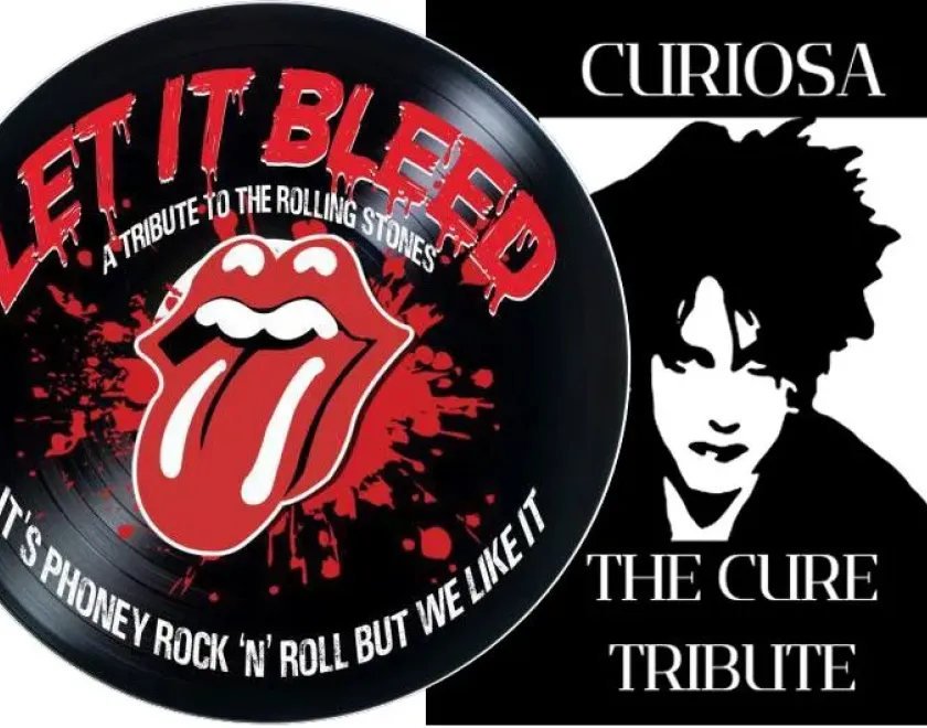 Logos for tribute bands Let it Bleed and Curiosa