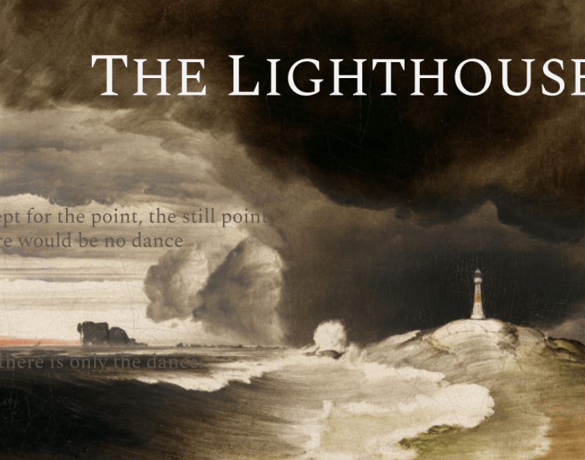 Event poster with a painting of a sea scape with a lighthouse