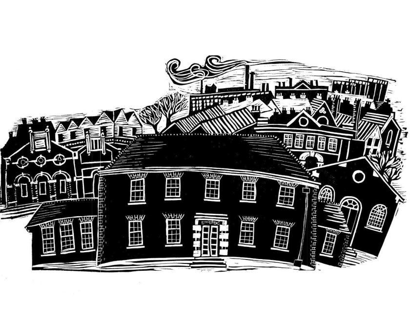 Lino cut artwork by Sally Castle, showing the facade of the South Street Arts Centre building.