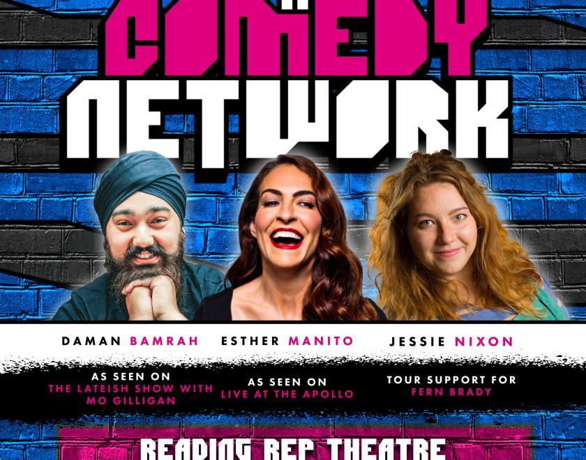 Graphic of comedian line up for December from L2R Daman Bamrah, Esther Manito and  Jessie Nixon