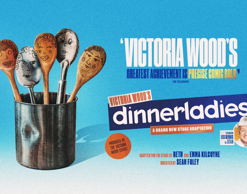 A pot of wooden spoons with faces drawn on them with the title of the show next to them.