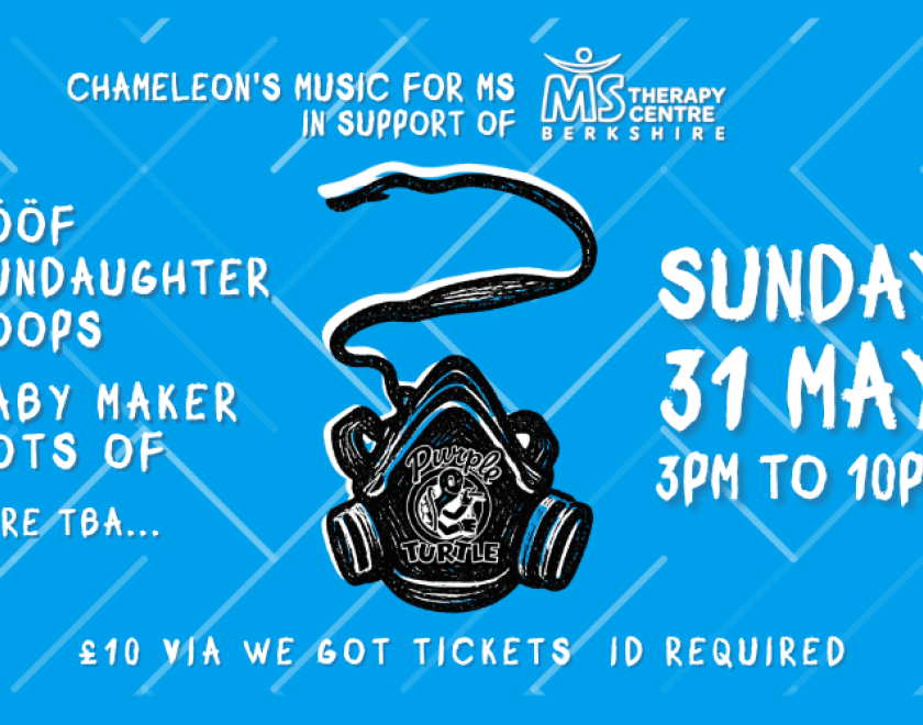 Poster for Chameleon's MUSIC FOR MS event listing the bands performing and with an image of an oxygen mask