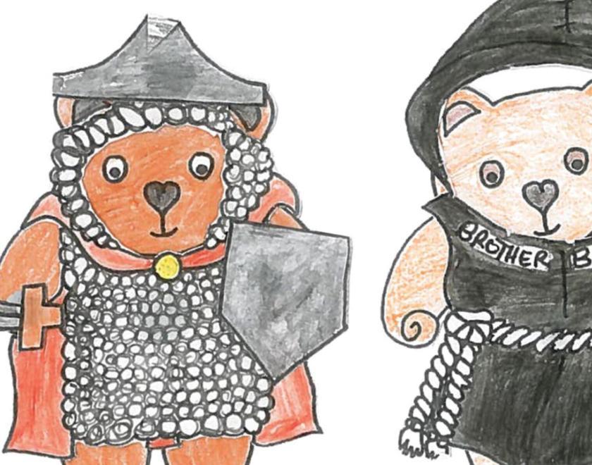 Drawing of bears dressed in medieval costumes - a knight and a monk