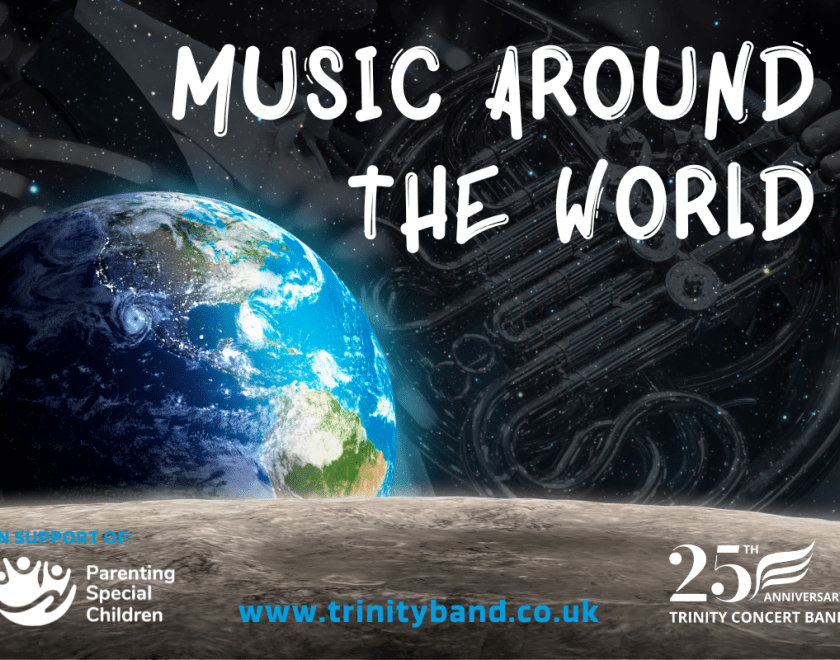 The surface of the moon in the foreground with the earth in the background. Title reads Music Around the World. Two logos at the bottom: one for Parenting Special Children, the other is TCB's 25th Anniversary logo.