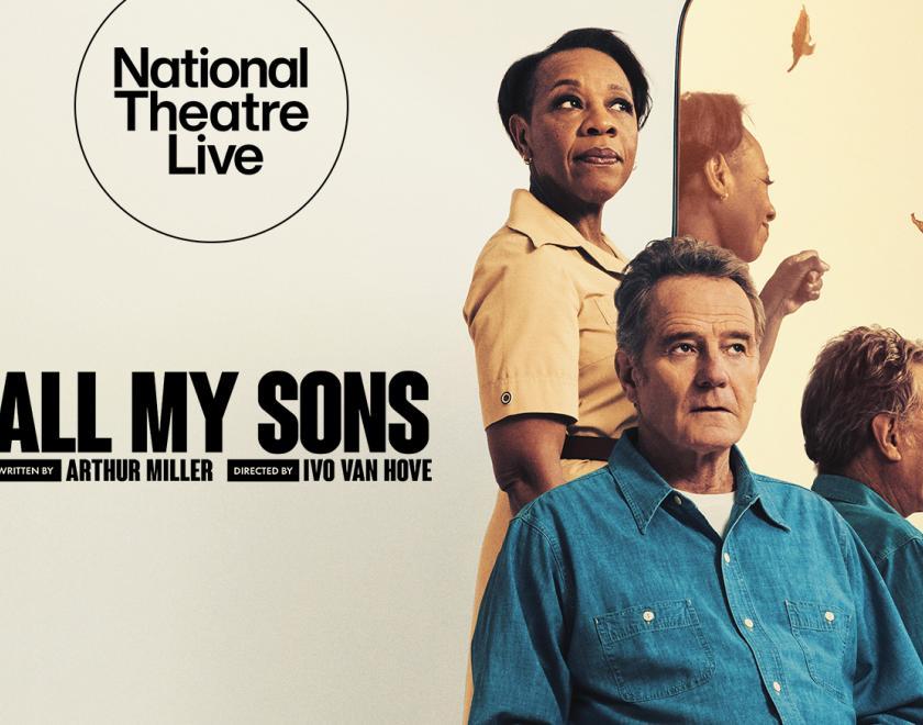 three adults against a pale background. A man in a blue shirt looks ahead while a woman stands behind him looking upward, and another man appears in profile beside a mirror reflection. The title “ALL MY SONS” is displayed in bold black text, with credits to Arthur Miller and director Ivo van Hove.