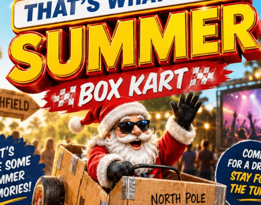 Logo for Box Kart pre-event party with Santa in a box kart. come for the drinks, stay for the tunes!