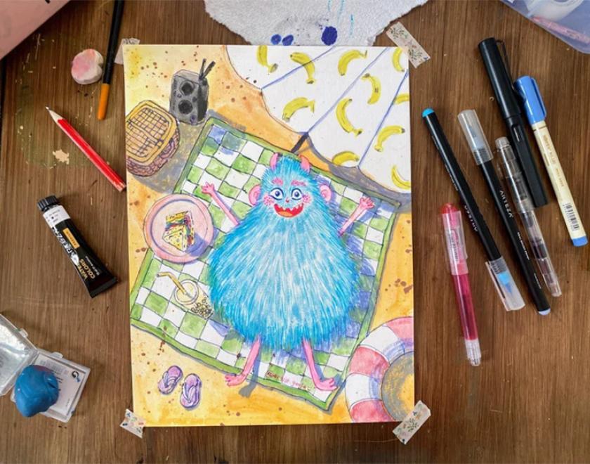 Mixed-media artwork of a blue fuzzy monster on the beach