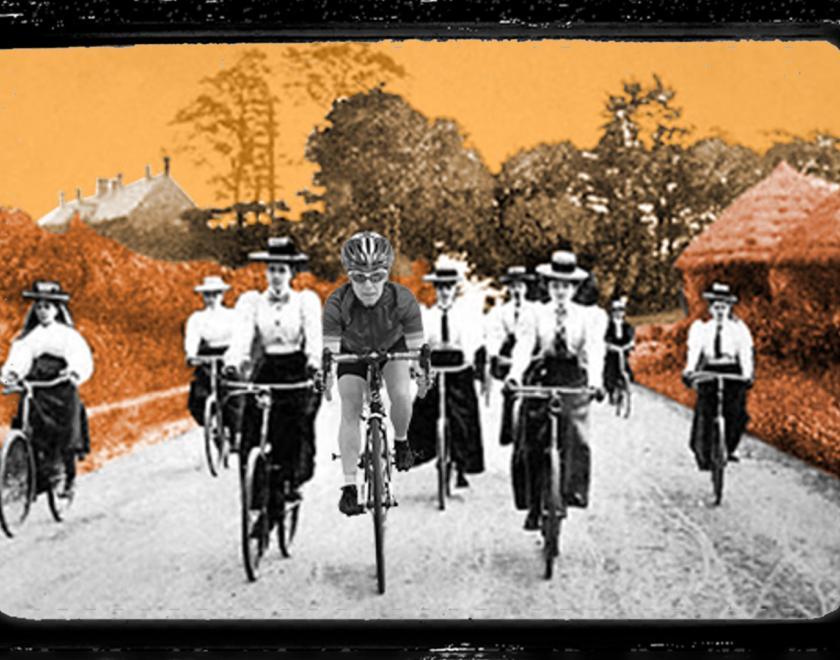 Promotional artwork for 'On Track', showing a photograph of Victorian era women on bicycles on a rural road. A woman dressed in modern cycling gear is in the centre of the group. There is a celluloid film frame overlaid onto the image so it looks cinematic.