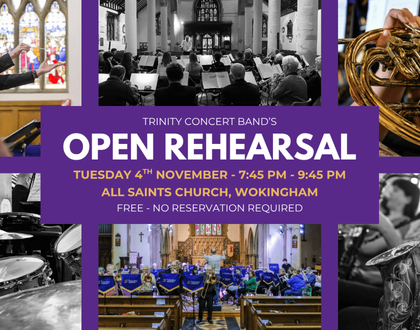 A montage of photos of band members playing their instruments, one of a French horn, one saxophone, one drummer, and the conductor with his baton in the air.