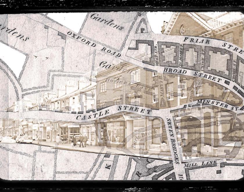 Sepia toned map showing the Oxford Road area in Reading. A celluloid film frame has been overlaid onto the image to make it look cinematic.
