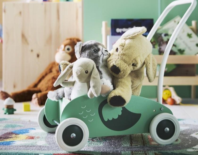 IKEA soft toys in a toy cart 